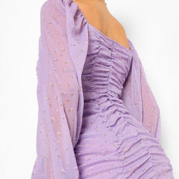 Boohoo long sleeve ruched front chiffon mini dress, size 18 - Picture 4 of 13